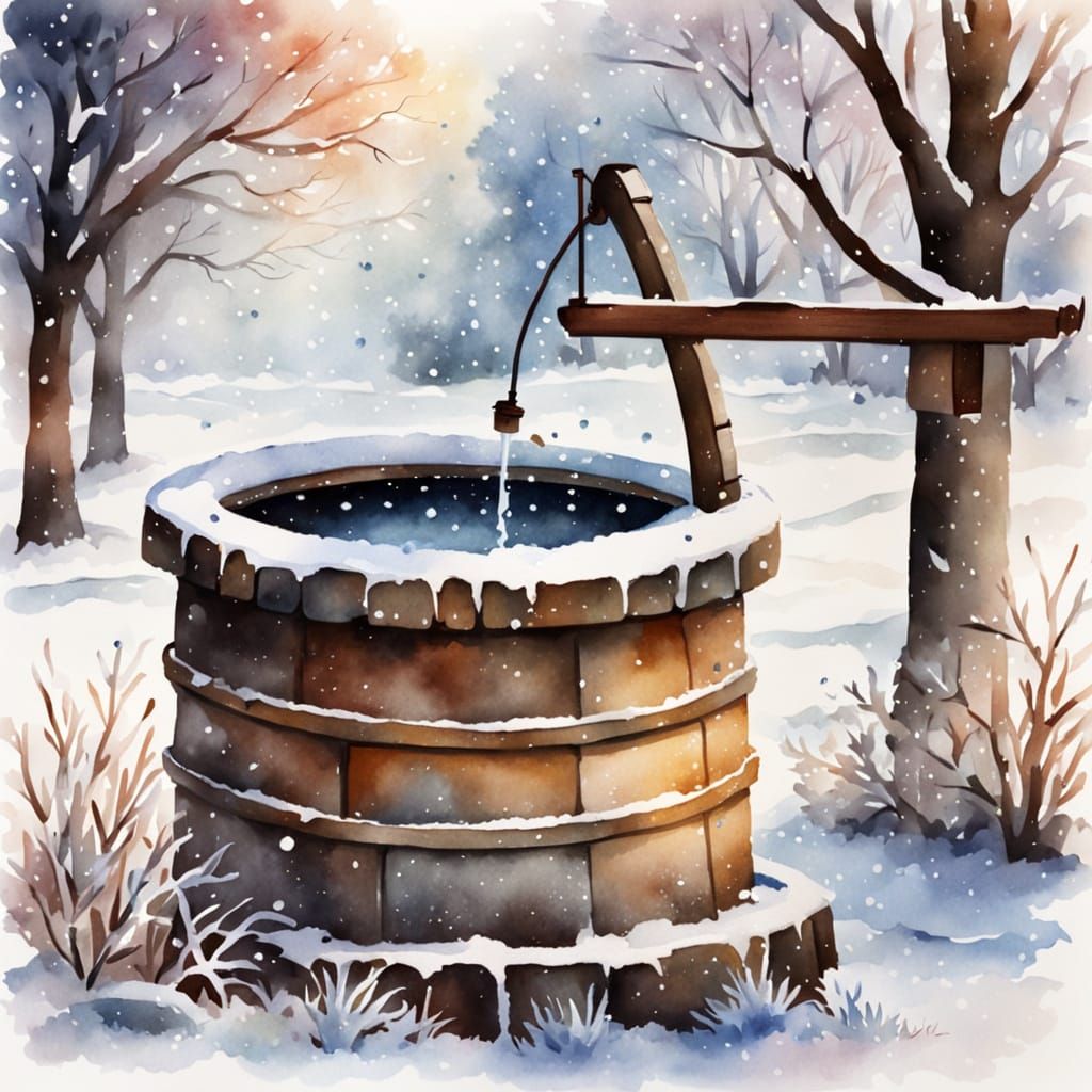 Watercolor Water Well in Winter Garden