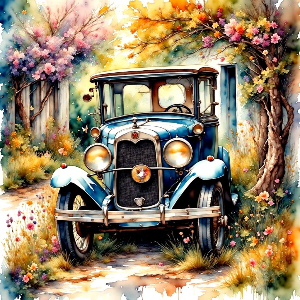 Antique Car in Watercolor Style