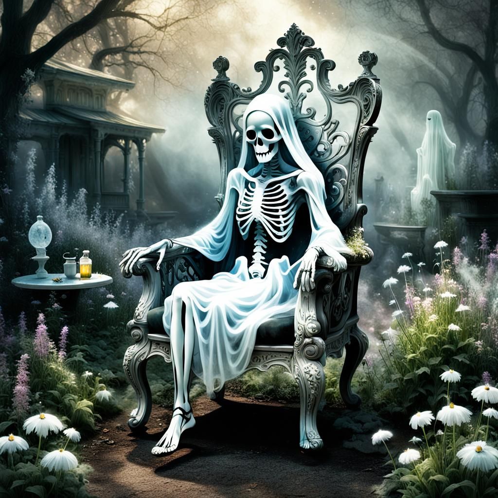 Ethereal Ghost in Haunted Garden, Dark Fantasy Art