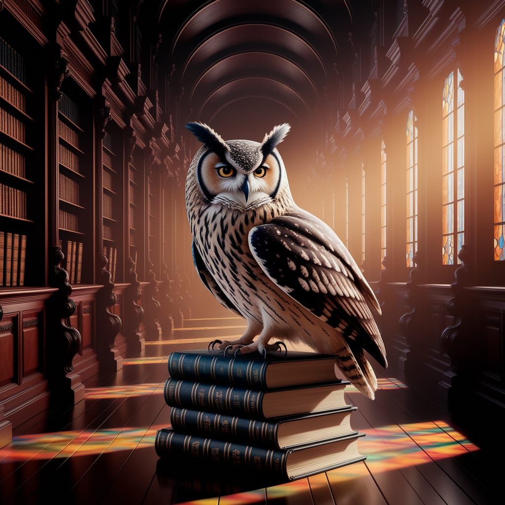 Wise Old Owl in Grand Library as Rembrandt Portrait