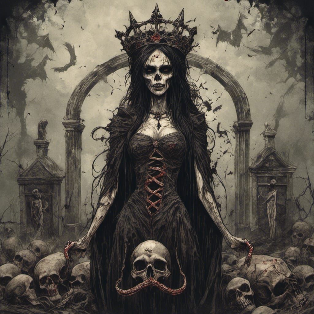 Macabre Illustration of a Demon Queen with Skulls