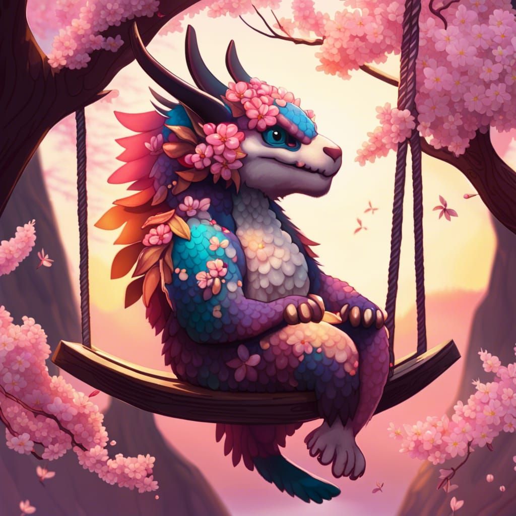 Dragon on a Swing at Sunset with Cherry Blossoms