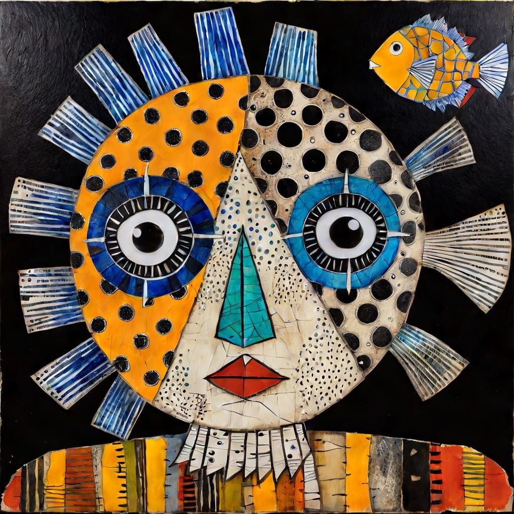 Puffer Fish Girl in Mixed Media Collage