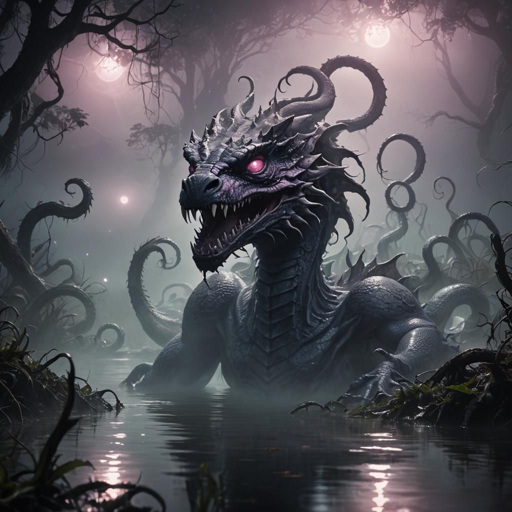 Hydra Emerges from Misty Swamp: Dark Fantasy Art