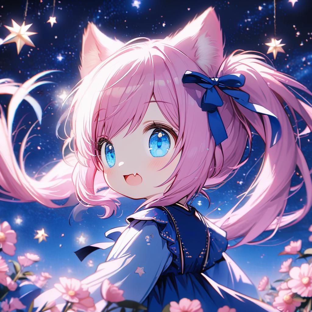 Adorable Chibi Catgirl with Pink Hair in Starry Night