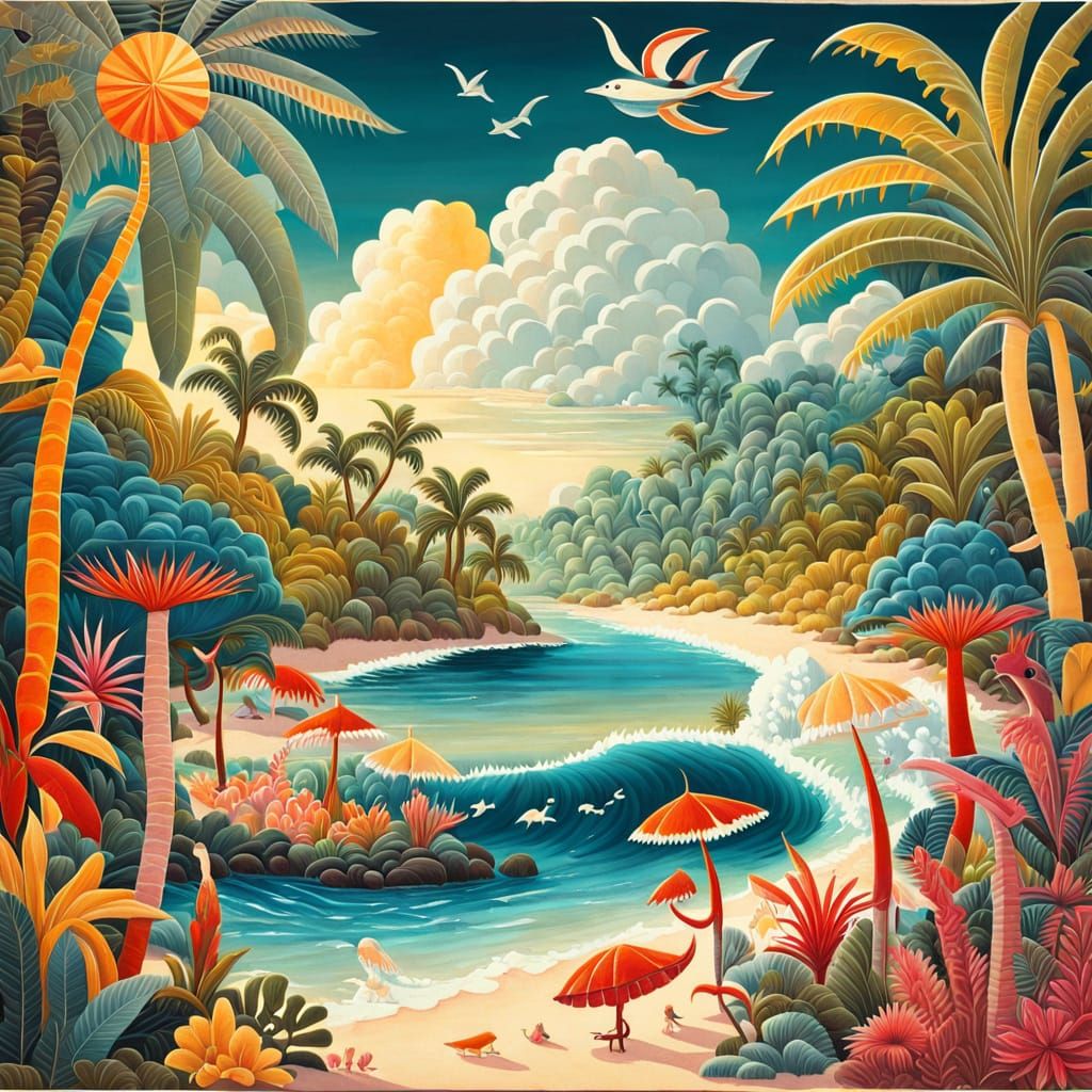 Fantastical Tropical Beach in Naive Art Style