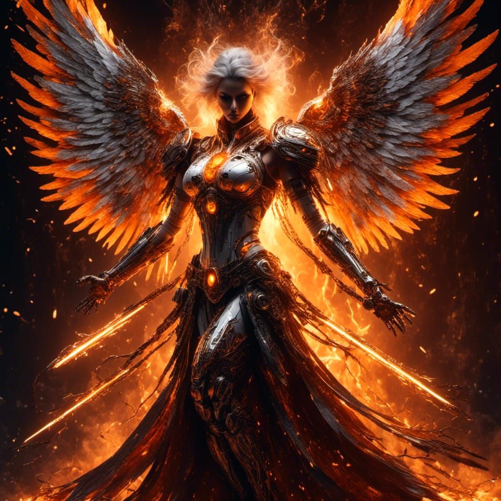Molten Metal Cyborg Angel in Fiery Display