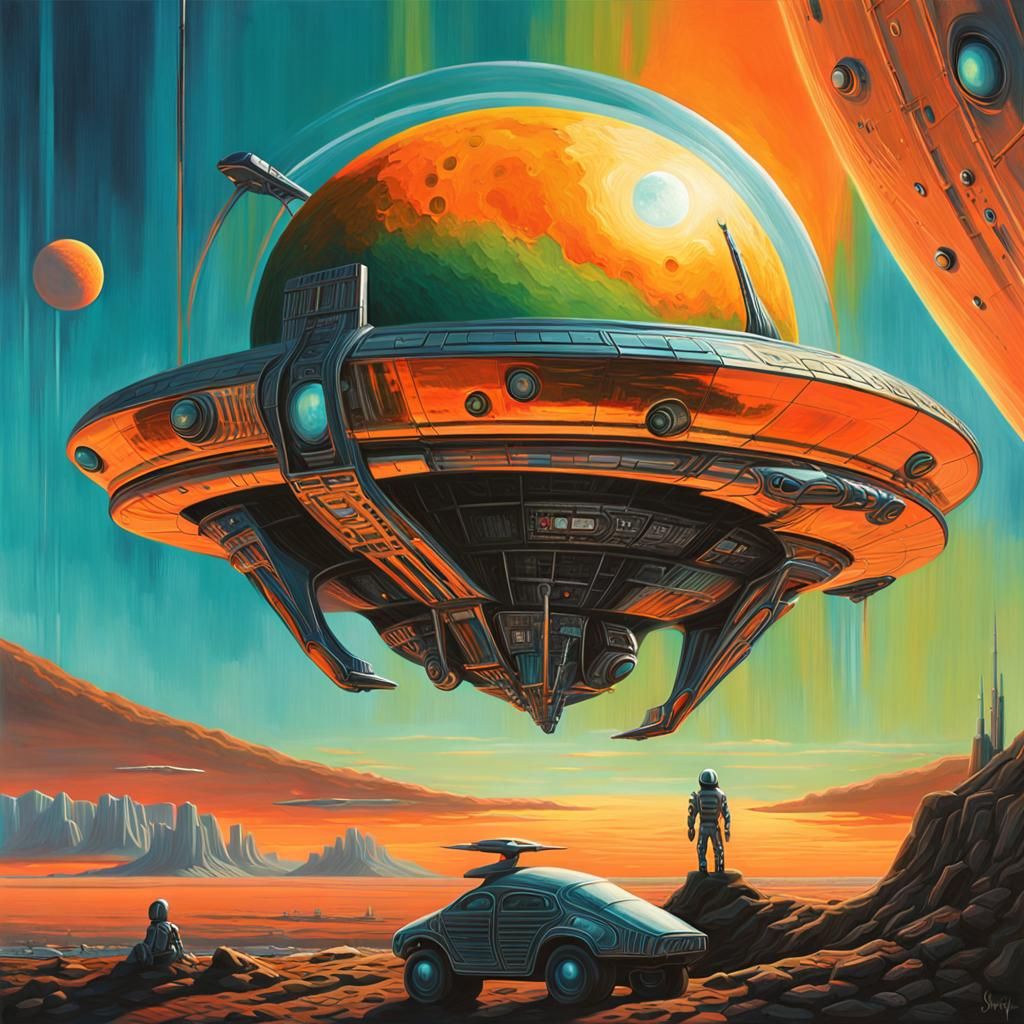 Chrome Spacecraft on Surreal Sunset Planet in Retro Sci-Fi