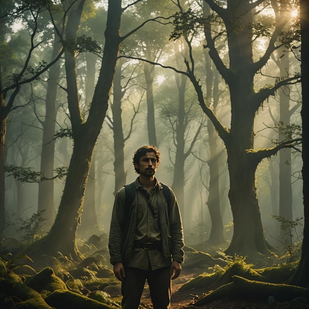Heroic Figure in Mystical Forest: Cinematic Film Still