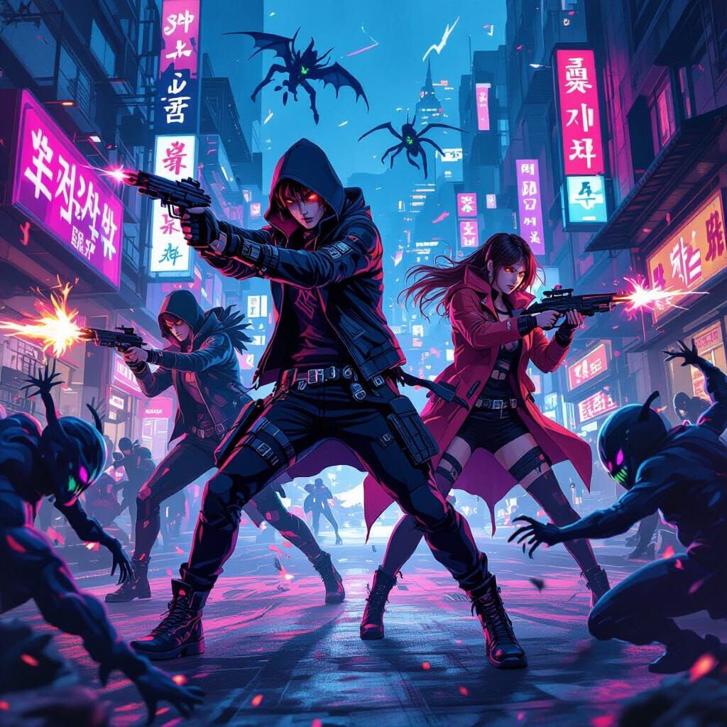 Kpop Demon Hunters in Neon Cityscape