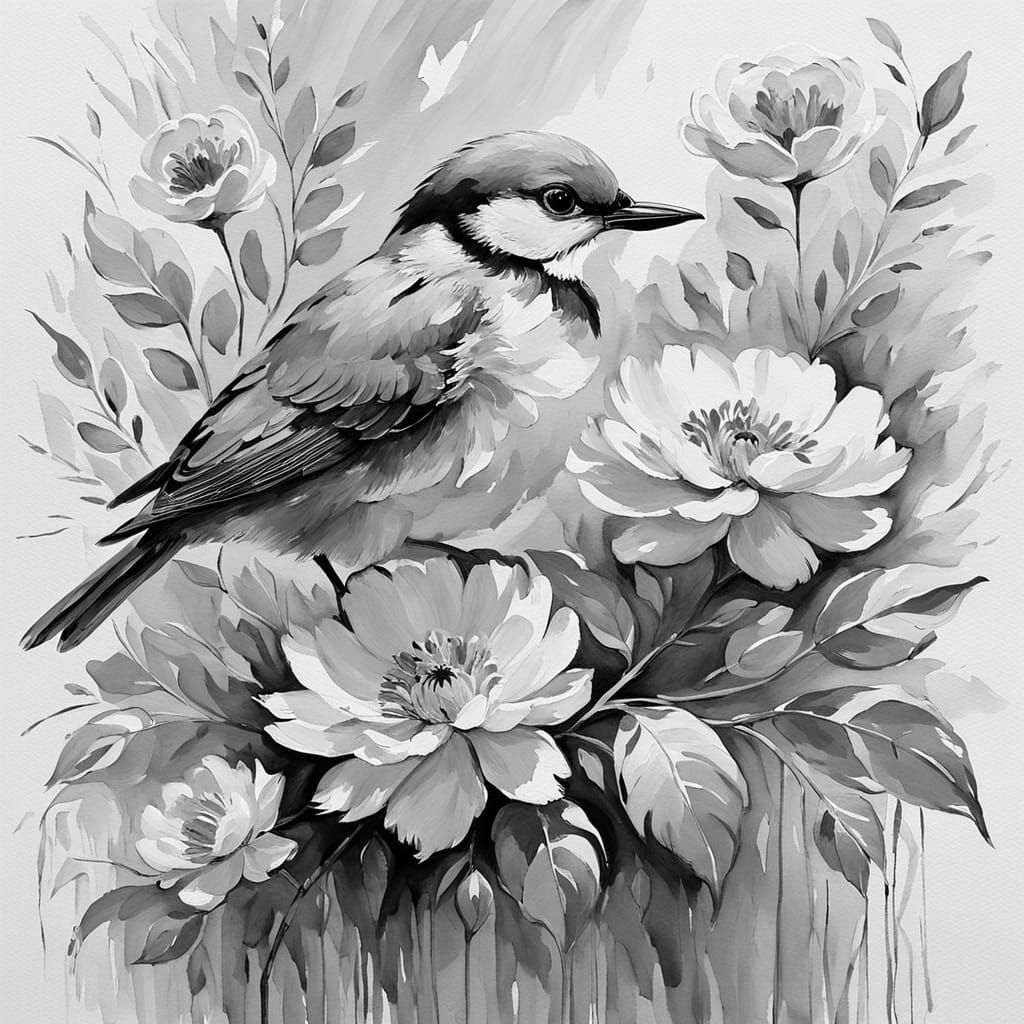 Whimsical Watercolor Flower and Bird in Dreamy Impressionist...