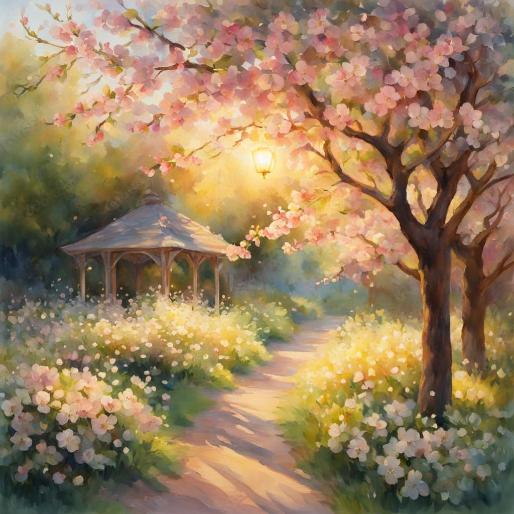 Apple Blossom Garden in Soft Evening Light