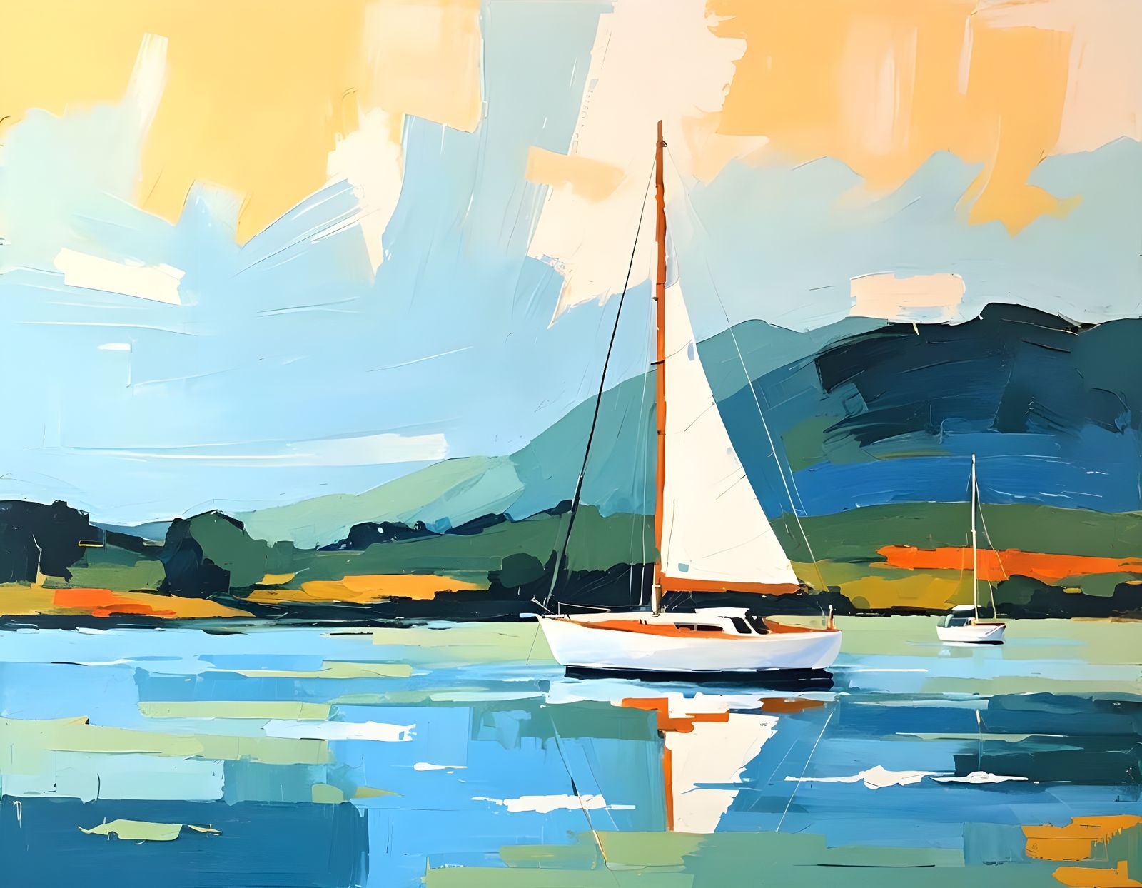 Minimalist Semi-Abstract Sailboat Landscape Painting