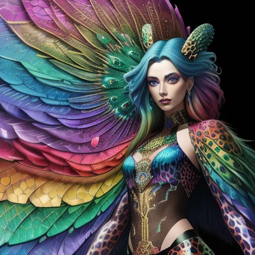 Astral Woman with Dragon Scales and Peacock Hair