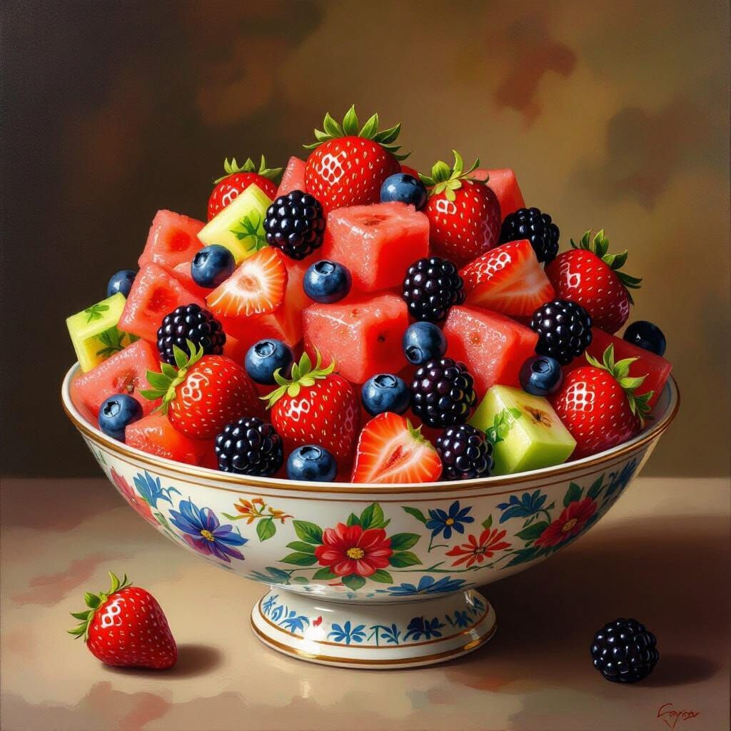 Vibrant Fruit Salad Still Life, Inspired by Masters