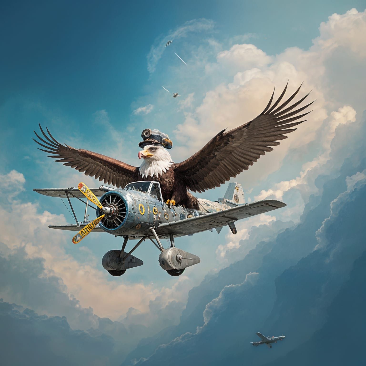 Colossal Eagle Pilots Tiny Plane Through Watercolor Nebula