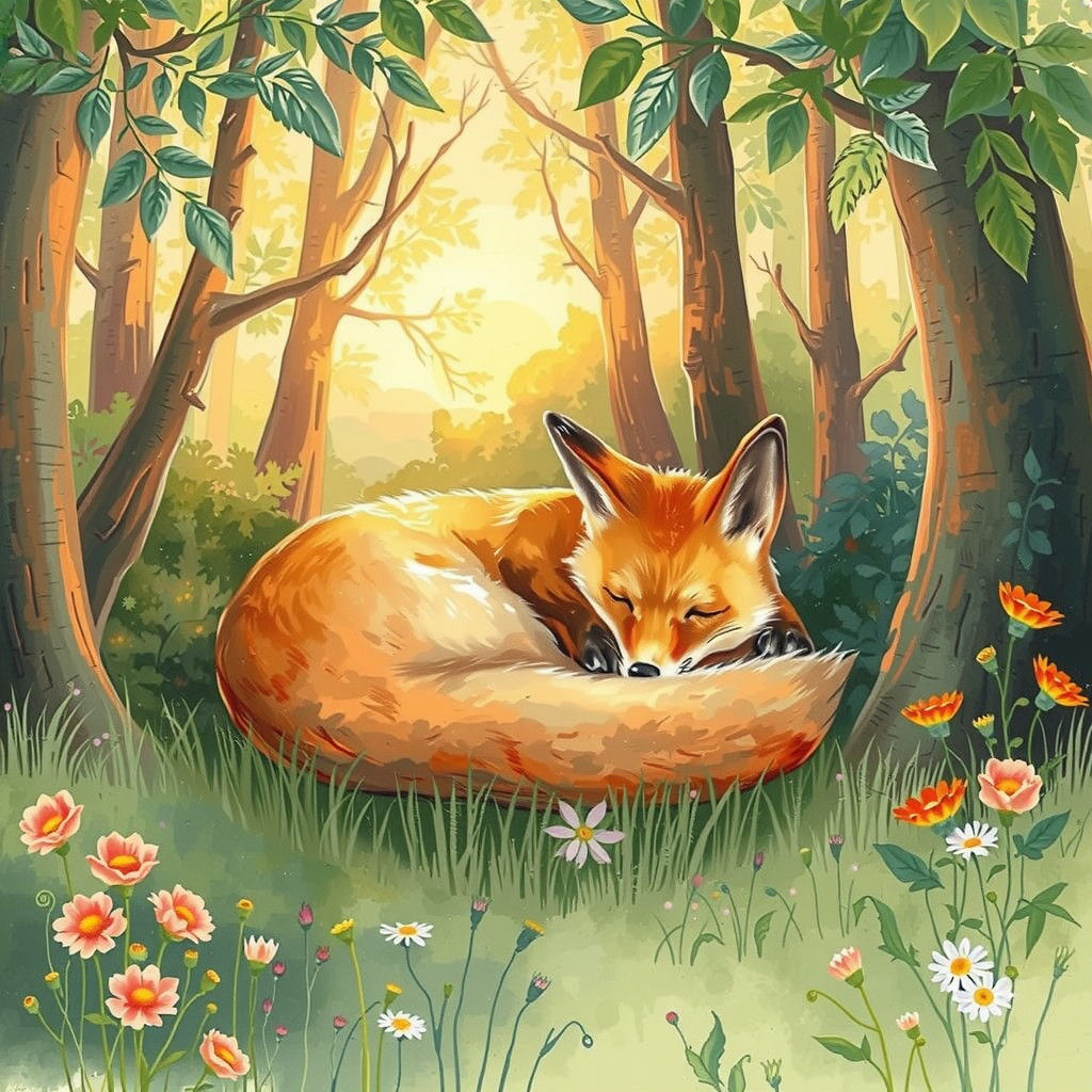 Surreal Watercolor Fox Slumbers in Serenity