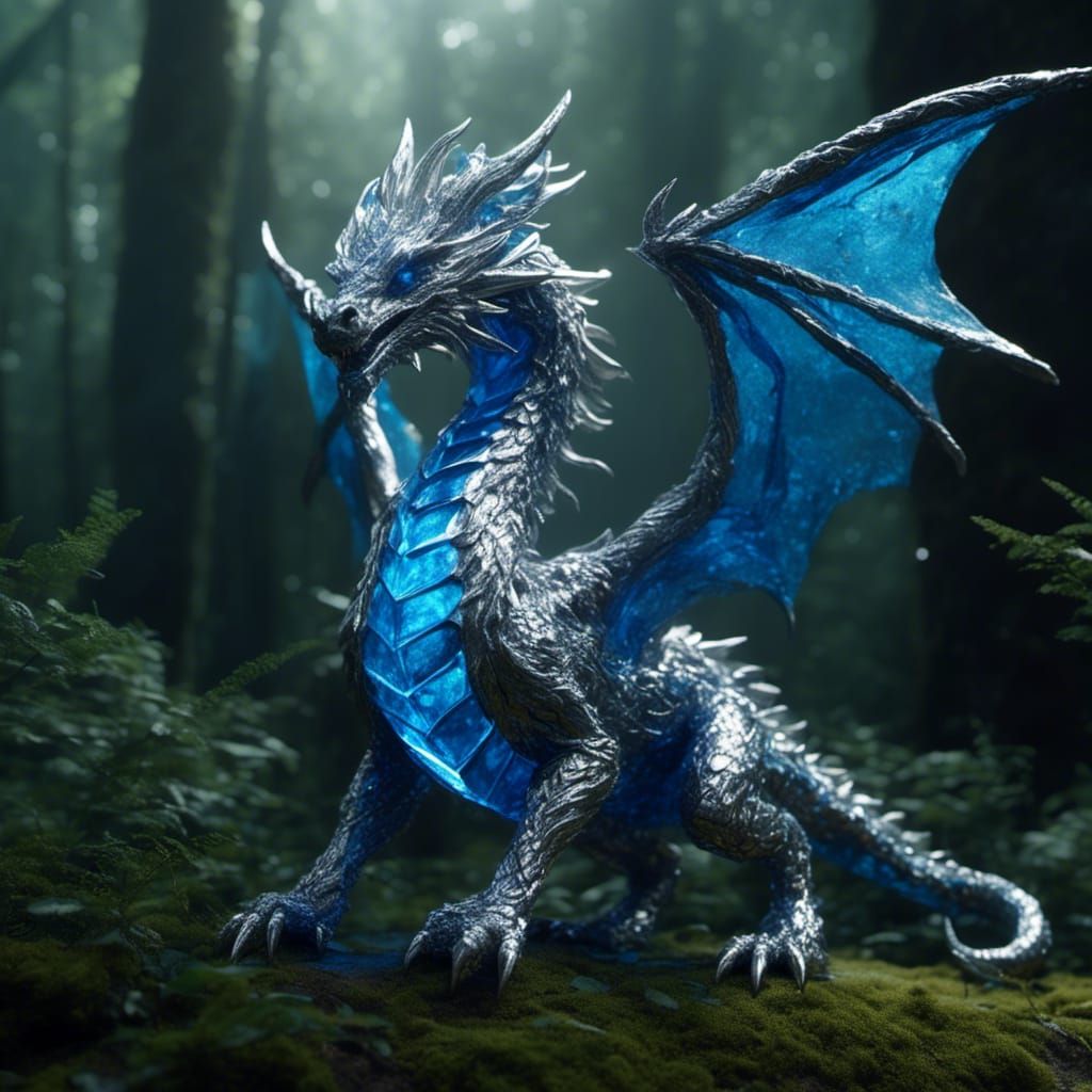 Blue and Silver Crystal Dragon in Forest Clearing