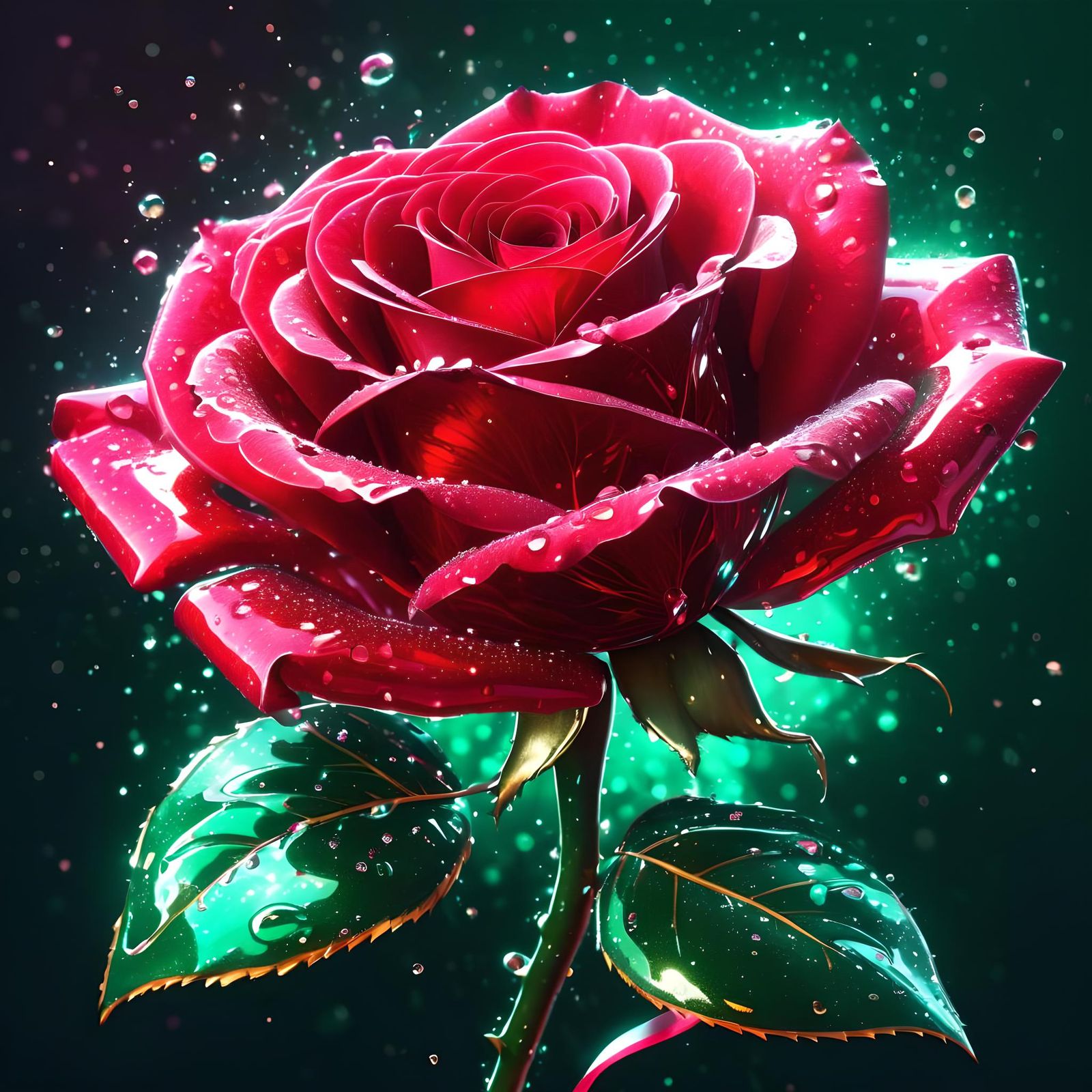 Fantasy Red Rose with Flowing Ink and Sparkling Stars
