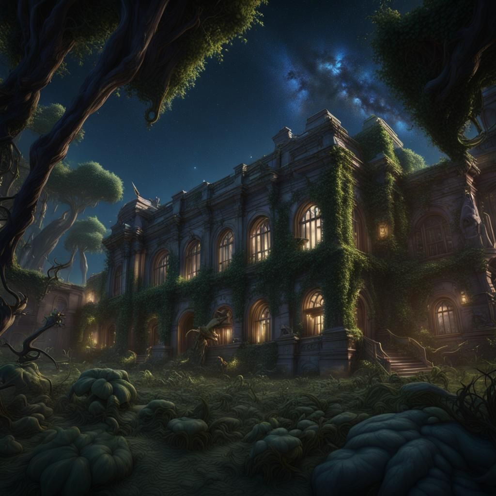 School Covered in Vines with Milky Way and Dinosaurs