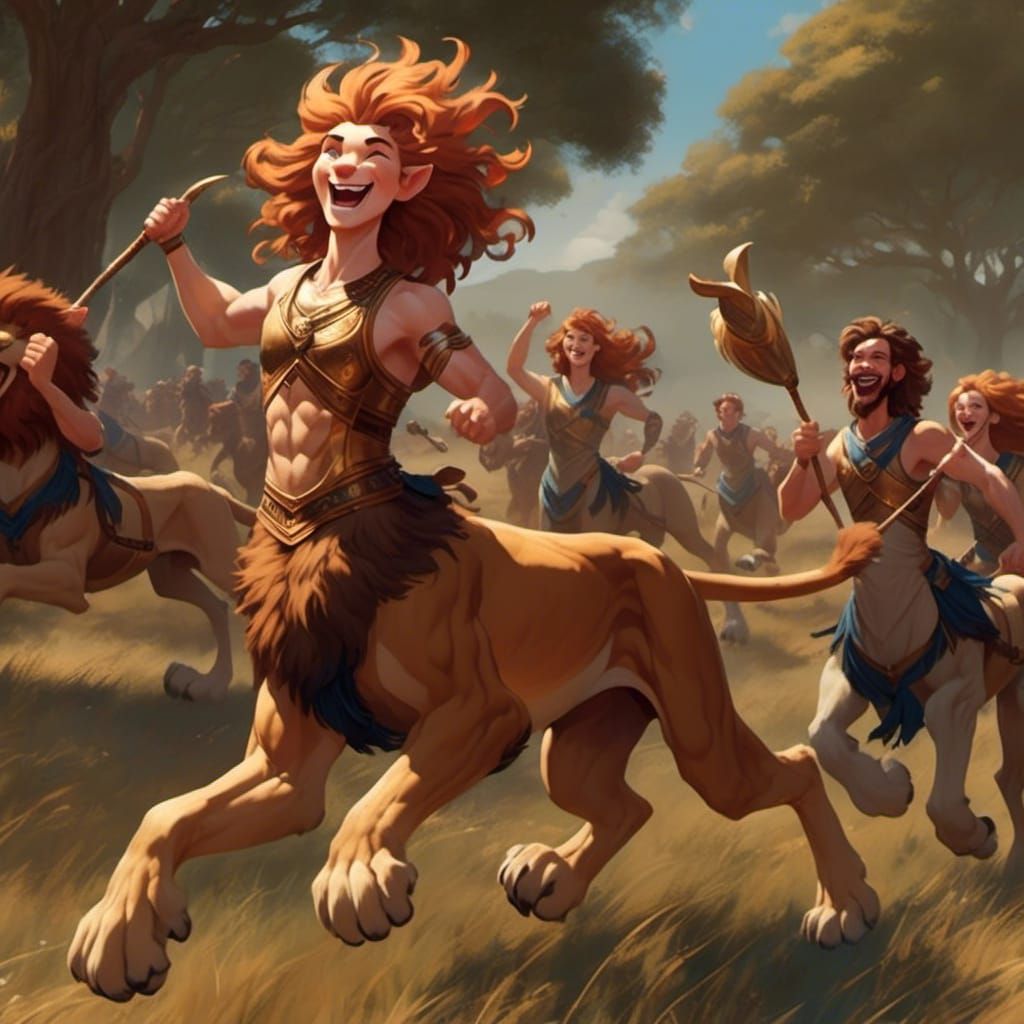 Liontaurs Running Across Plains Under Blue Sky