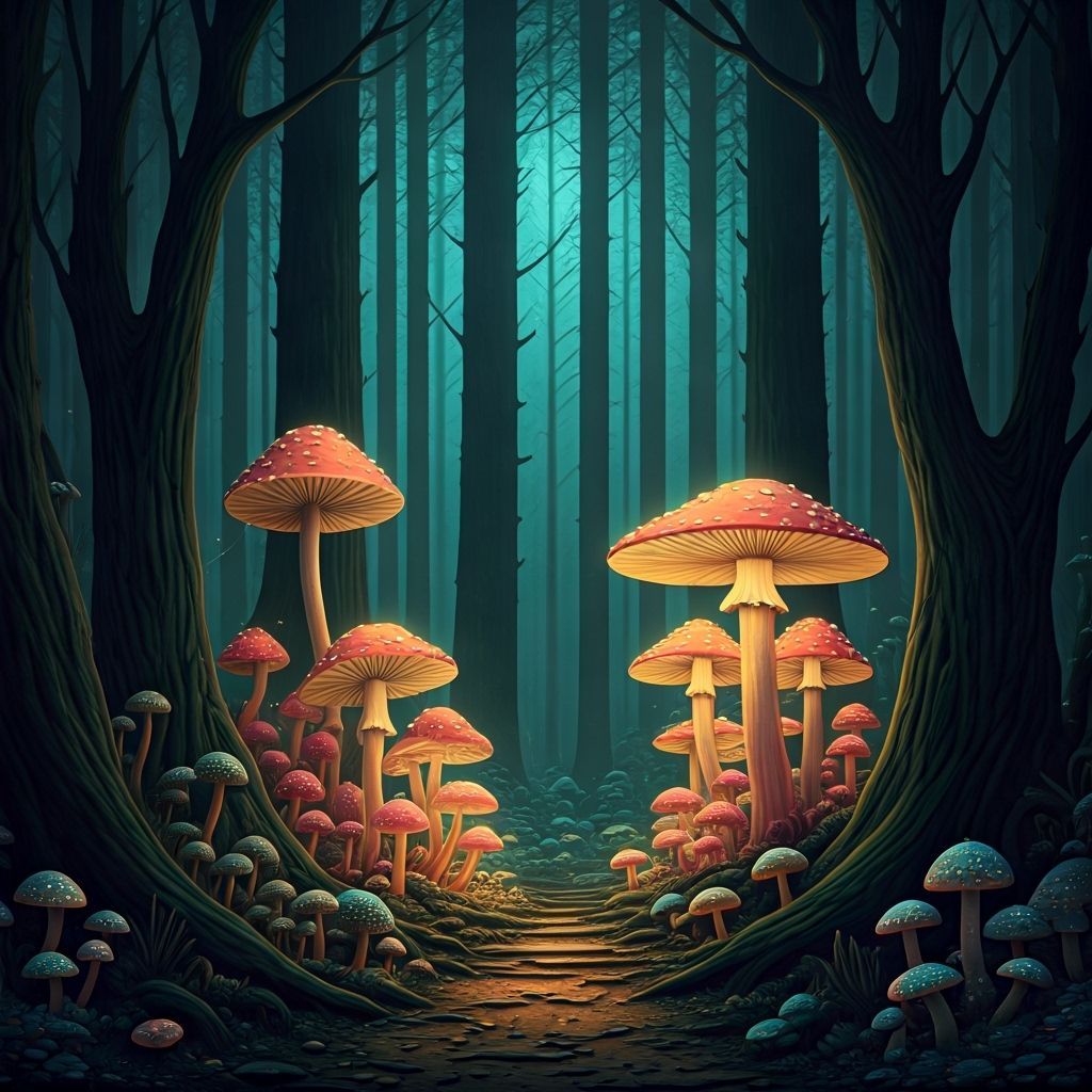 Glowing Mushrooms in Whimsical Forest Art