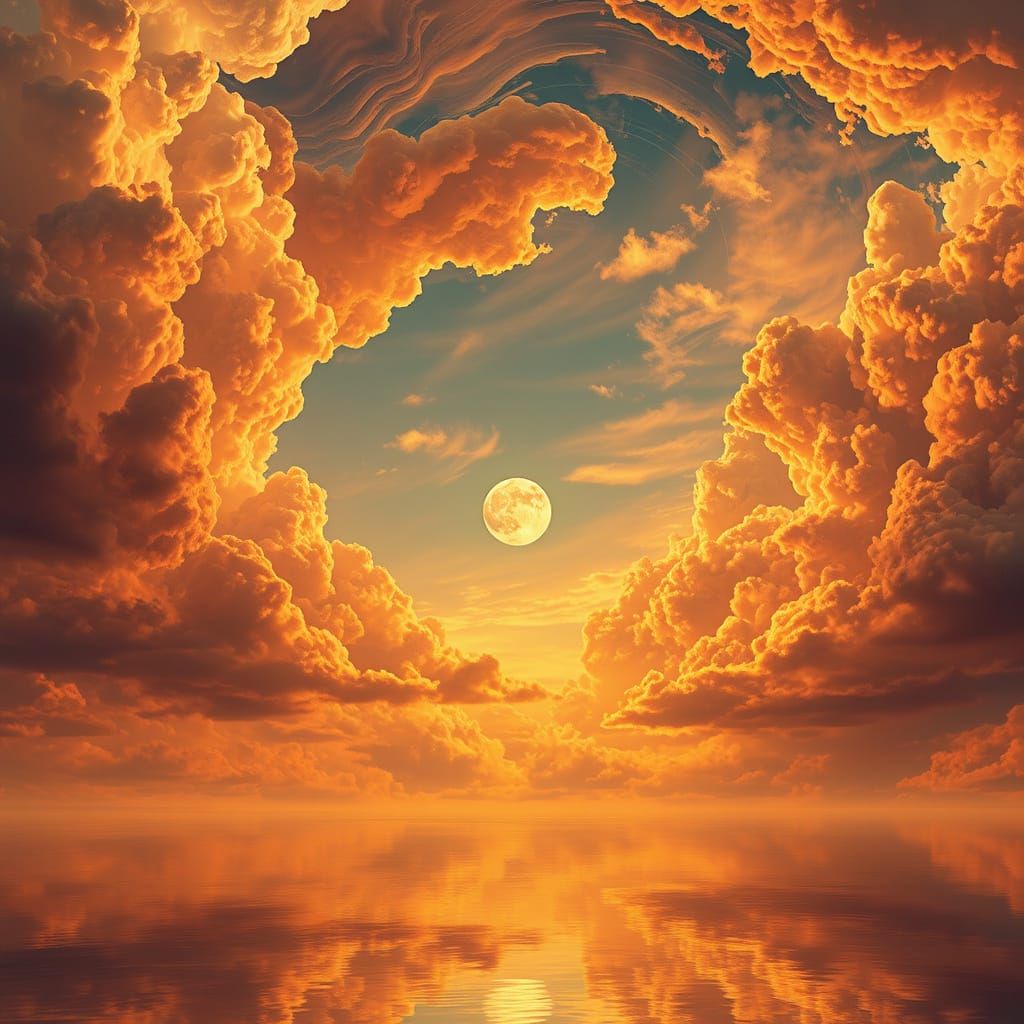 Surreal Futuristic Landscape in Vibrant Golden Orange and Pi...