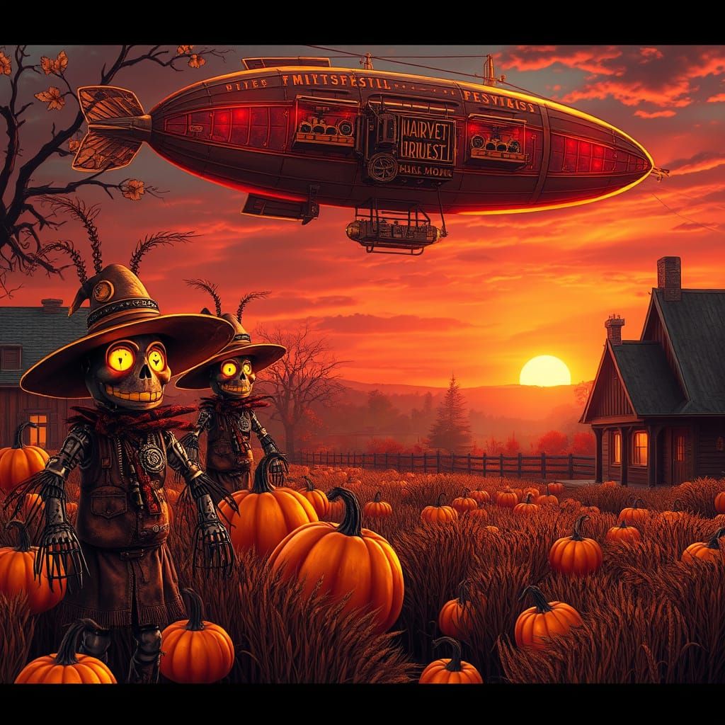 Steampunk Harvest Festival With Airship Over Autumn Sunset