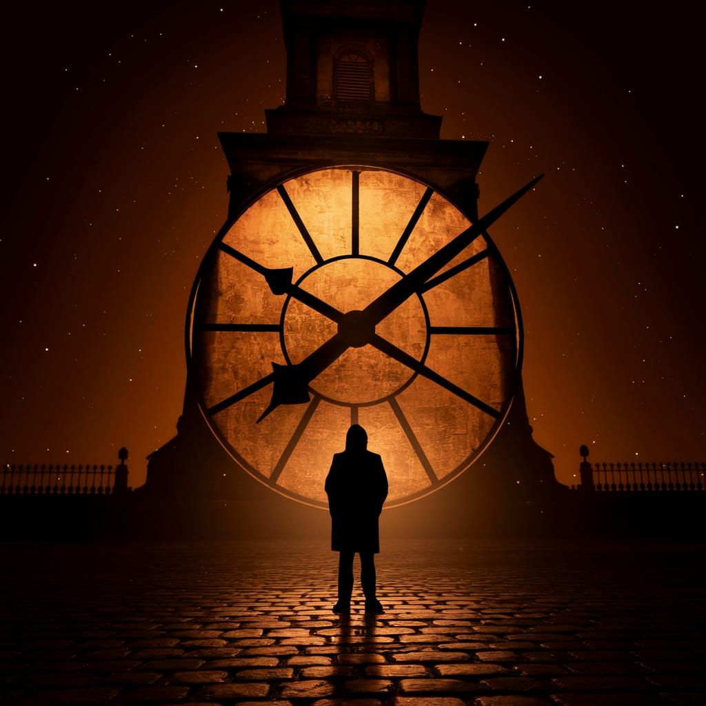Ominous Clock Tower at Ten Seconds to Midnight