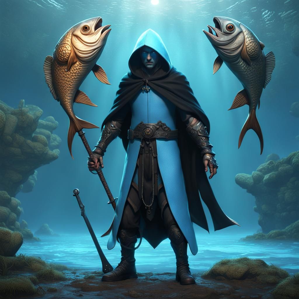 Blue Fish Man in Cloak Fantasy Concept Art