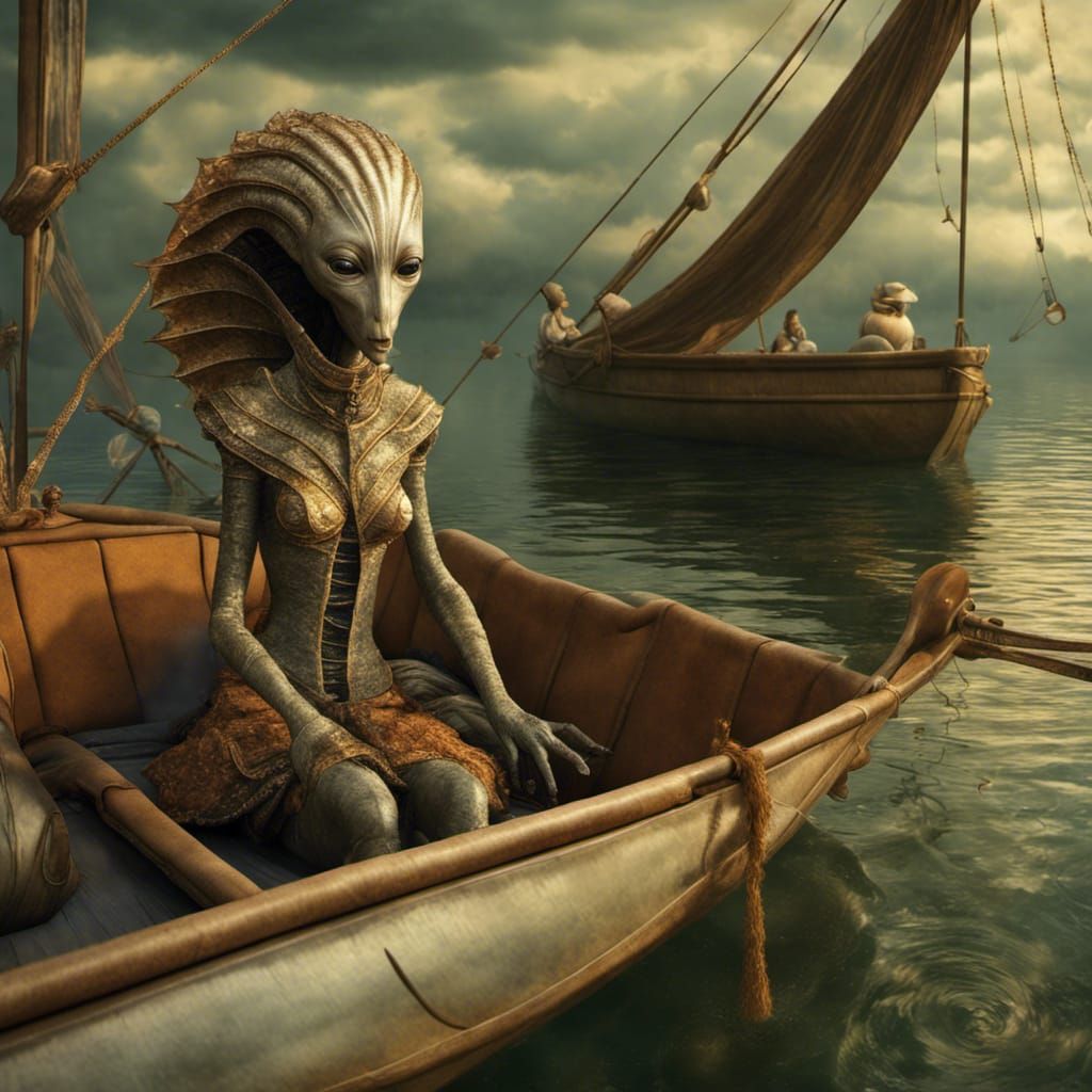 Happy Alien People Sailing Powerboats: Surreal Photorealisti...