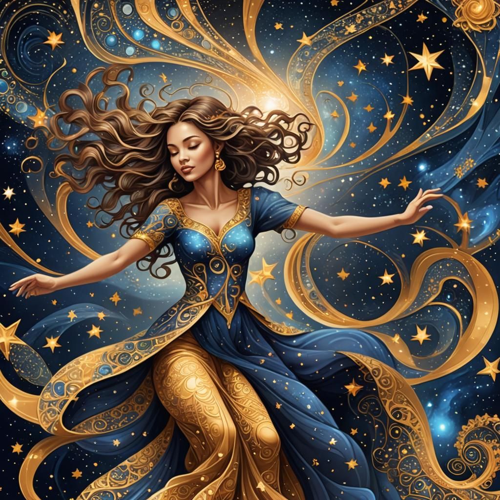Woman Dancing Among Stars in Abstract Style