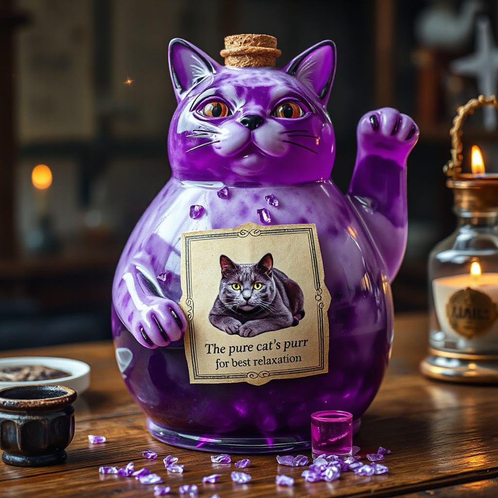 Feline Alchemist's Potion Bottle in a Whimsical Magical Sett...