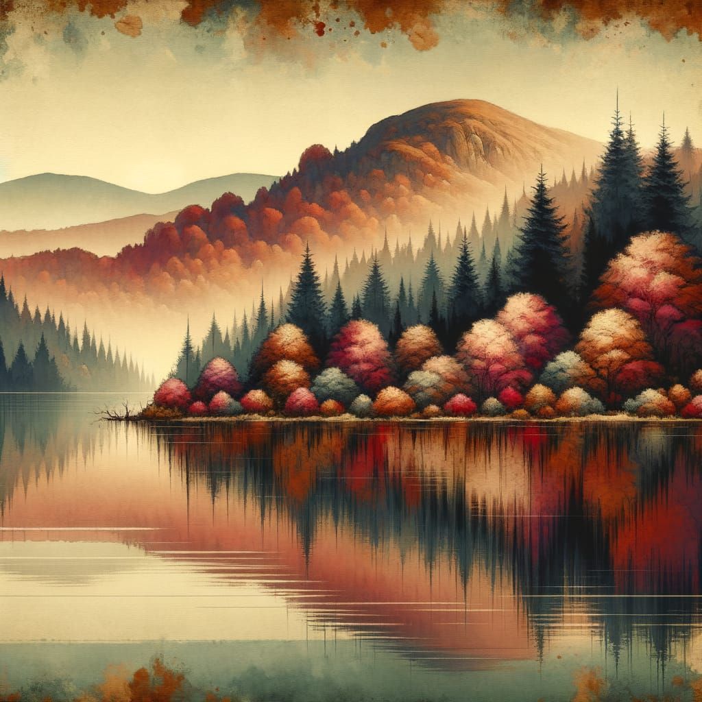 Golden Autumn Lake Scene in Oil Painting Style