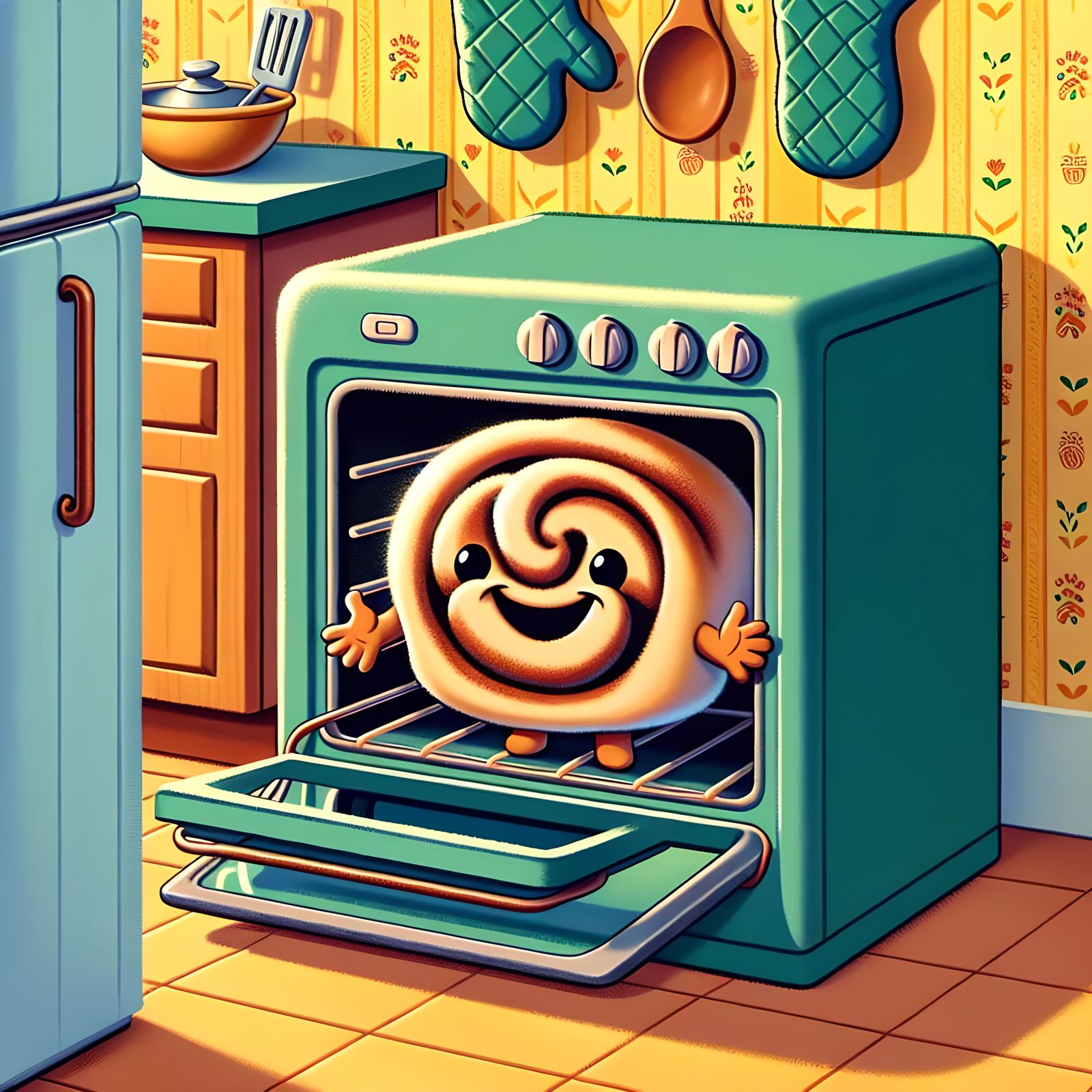 Cheerful Cinnamon Roll Cooking in Retro Kitchen