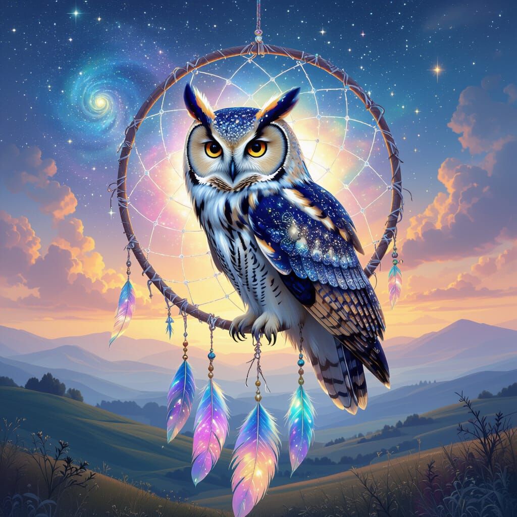 Cosmic Owl Perched on Starlight Dreamcatcher