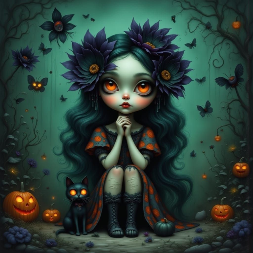 Whimsical Halloween Portrait in Pop Surreal Style