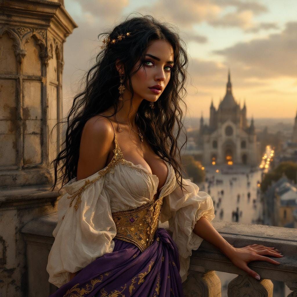 Renaissance Gypsy Woman Gazing from Notre Dame