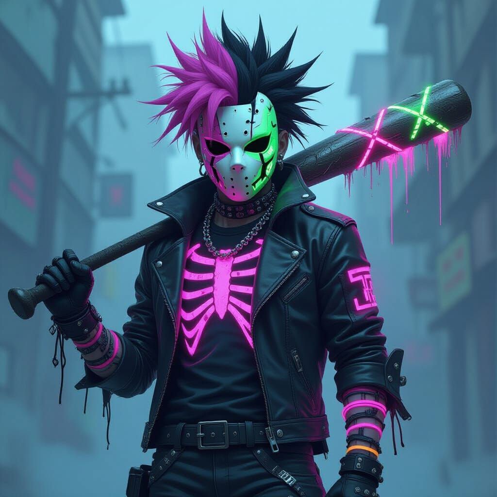 Menacing Glitch Harbinger in Neon Synthwave Style