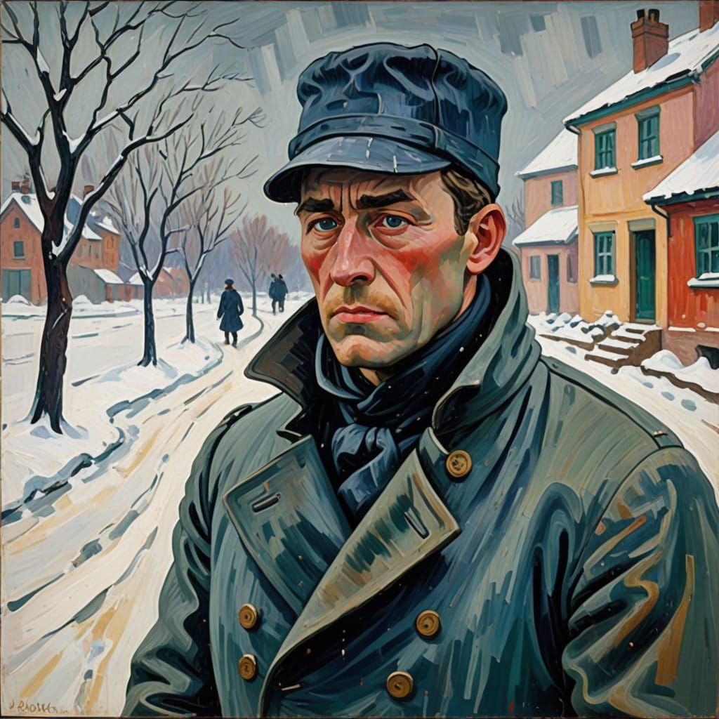 Warrior in Russian Winter Landscape Painting