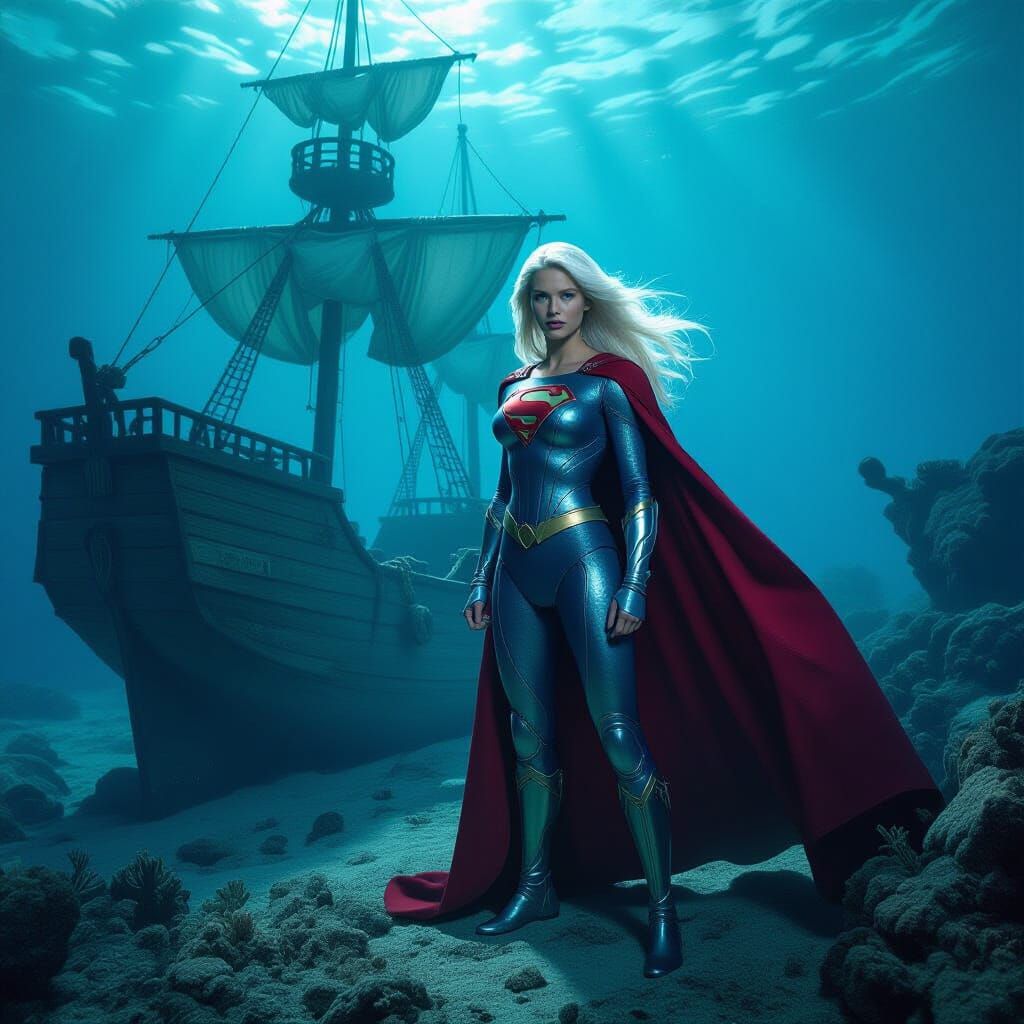 Super-Girl Guards Sunken Pirate Ship: Dramatic Film Still