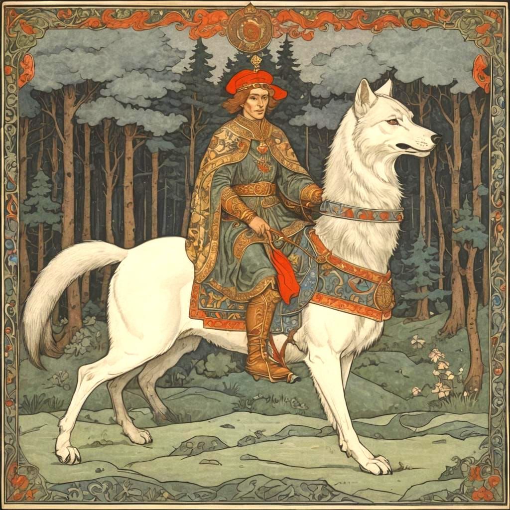 Prince Ivan and Grey Wolf: Bilibin-Inspired Illustration