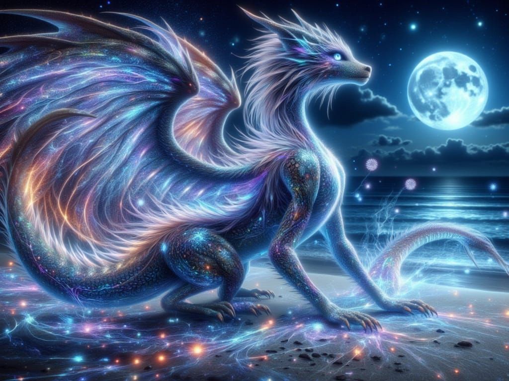 Opalescent FemDragon on Moonlit Beach in Quantum Fractal Sty...