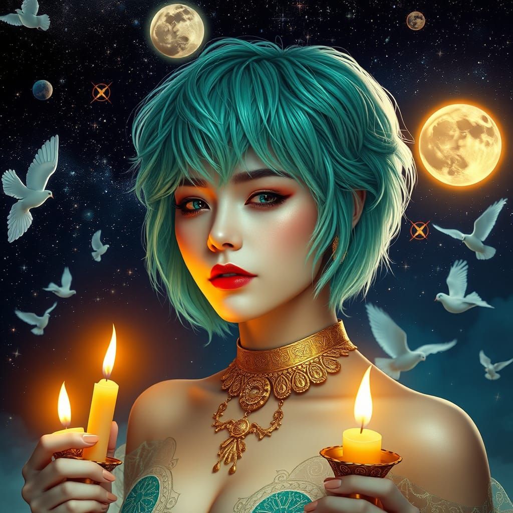 Cosmic Goddess with Seafoam Hair and Golden Accents
