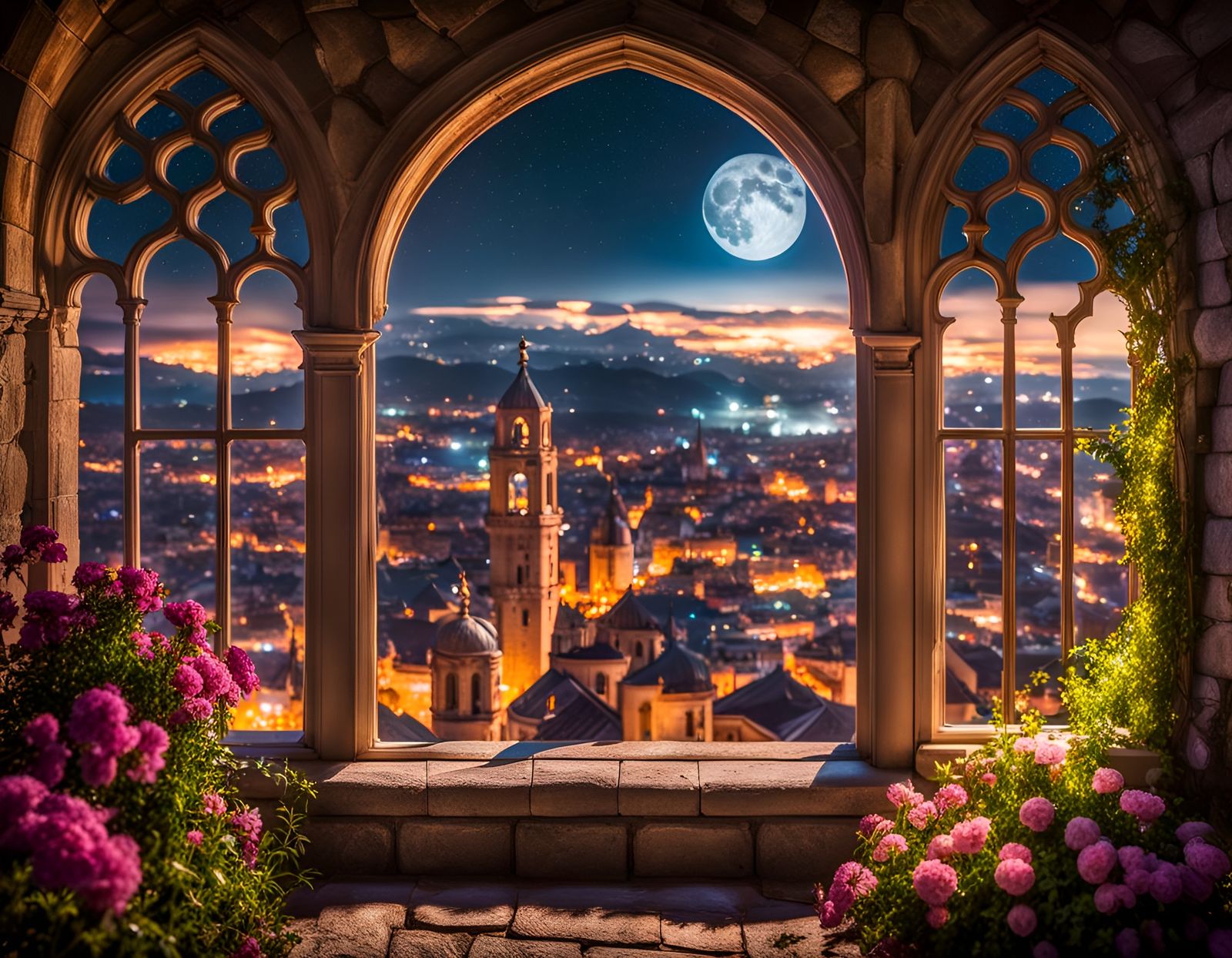 Moonlit Medieval Cityscape in Impasto Style