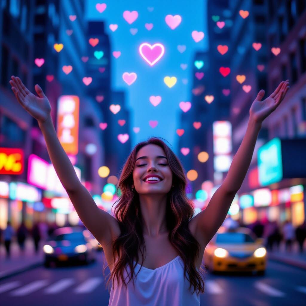 Girl Catches Neon Hearts in New York, Digital Art