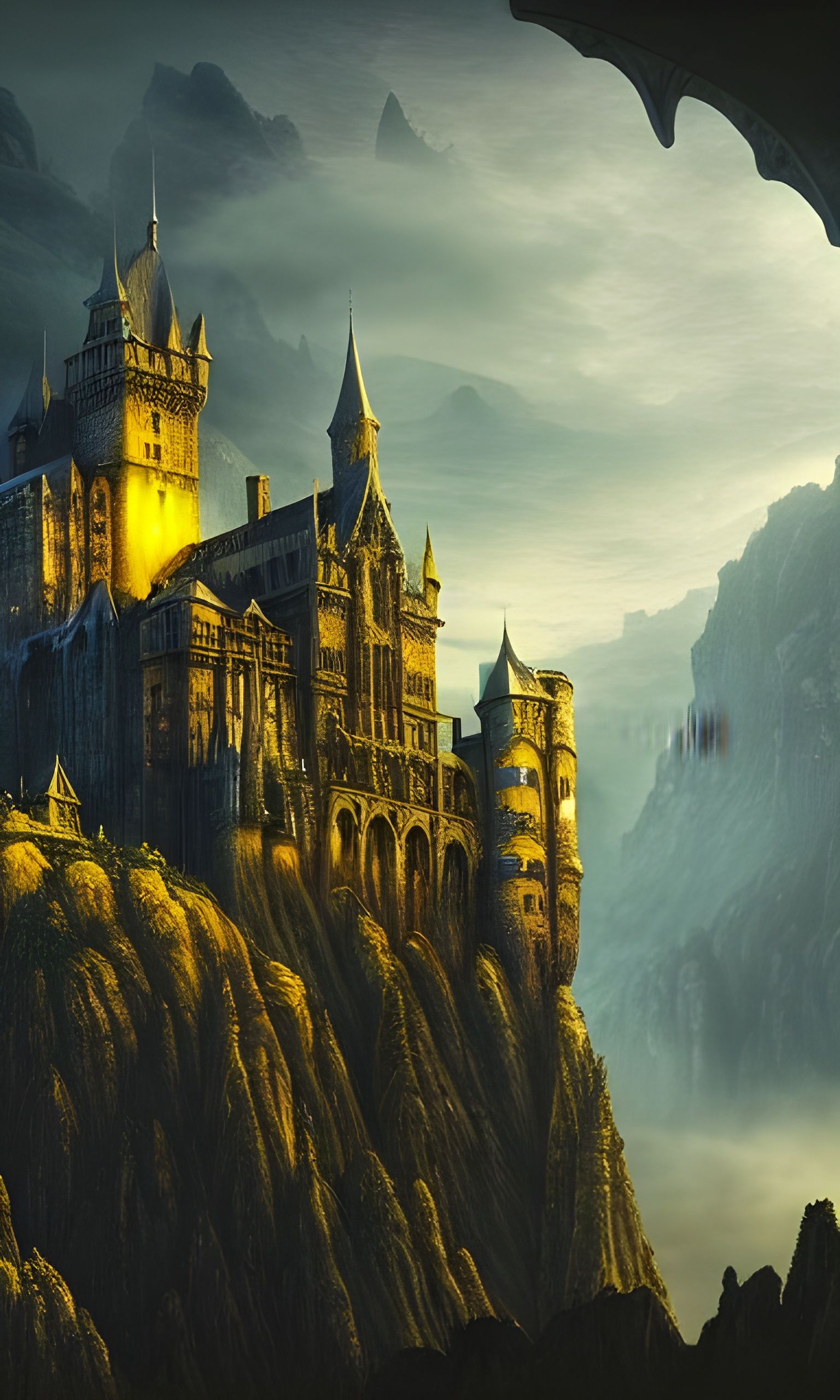 Gothic Castle on Cliff in Romantic Impasto Style