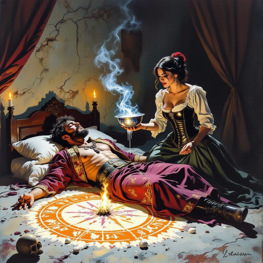 Gothic Ritual in Colonial India, Frazetta-style Gouache