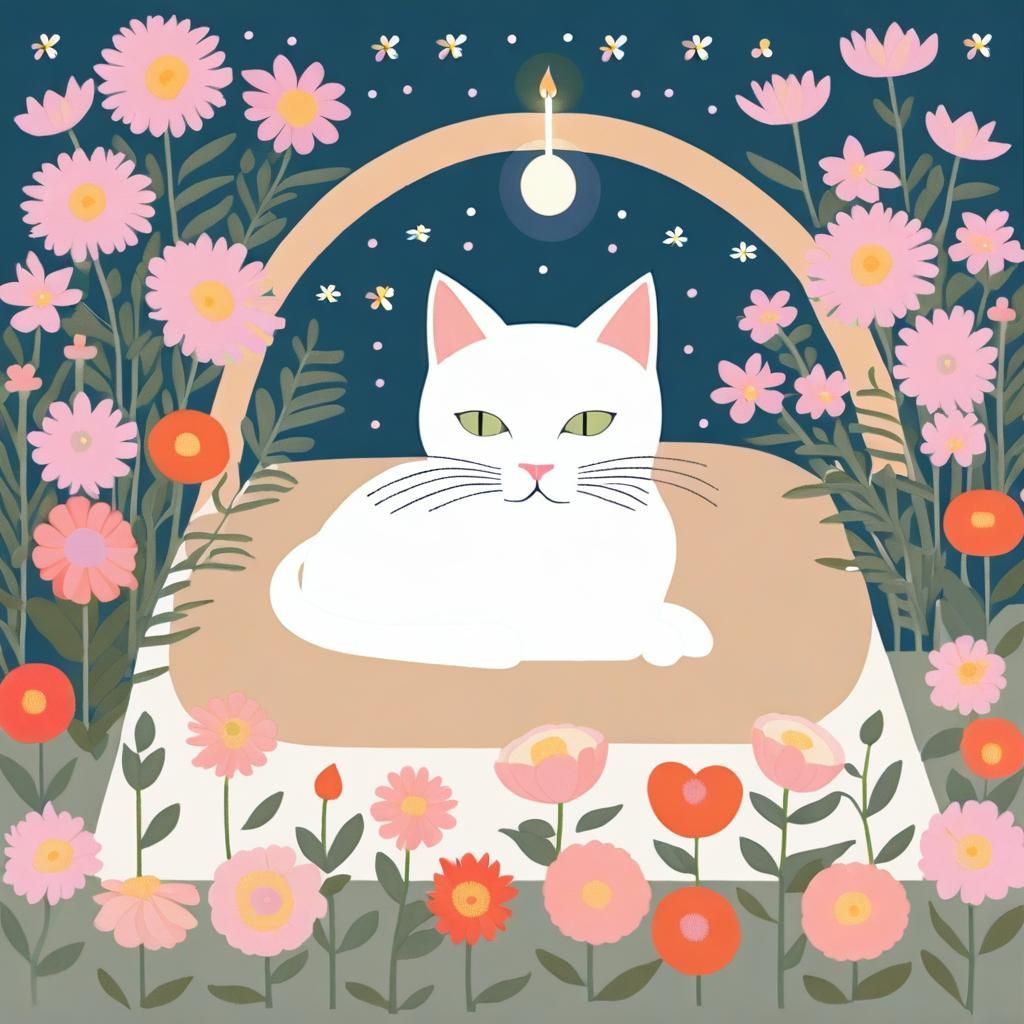 Cute Cat Surrounded by Flowers in Geometric Style
