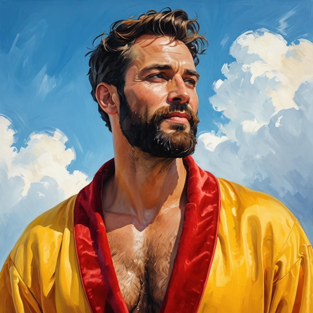 Bearded Man in Velvet Bathrobe as Impasto Oil Painting
